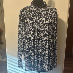 Floral navy, green & white semi- sheer blouse. Light and Flowy top.